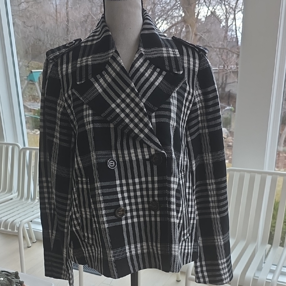 Ann Taylor Black and White Plaid Pea Coat XS NWT